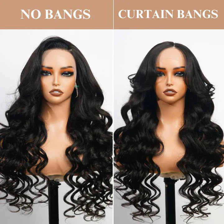 EVelora 250% Density Glueless Curly 13x4 HD Lace Front Wig with Curtain Bangs