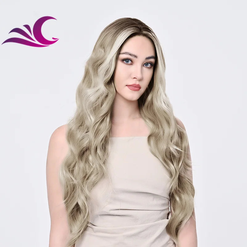 EVelora Ice Blonde Ombre Wavy Synthetic Lace Front Wig
