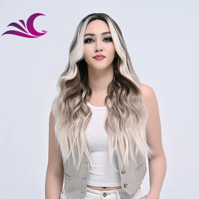 EVelora Ice Blonde Ombre Wavy Synthetic Lace Front Wig